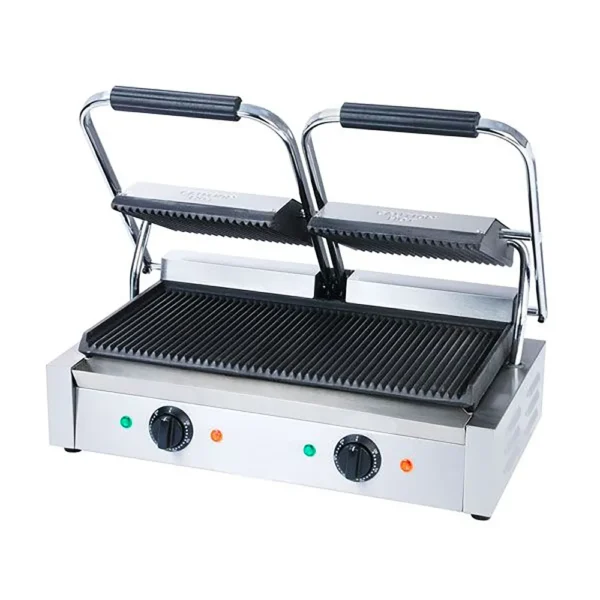 Adcraft Double Commercial Panini Press w/ Cast Iron Grooved Plates, 120v